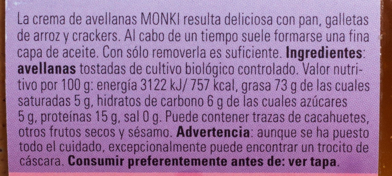 Crema d'avellanes ECO 330 g Monki